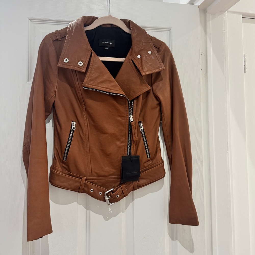 Mackage Hania Tan Brown Cognac Leather Jacket XS
